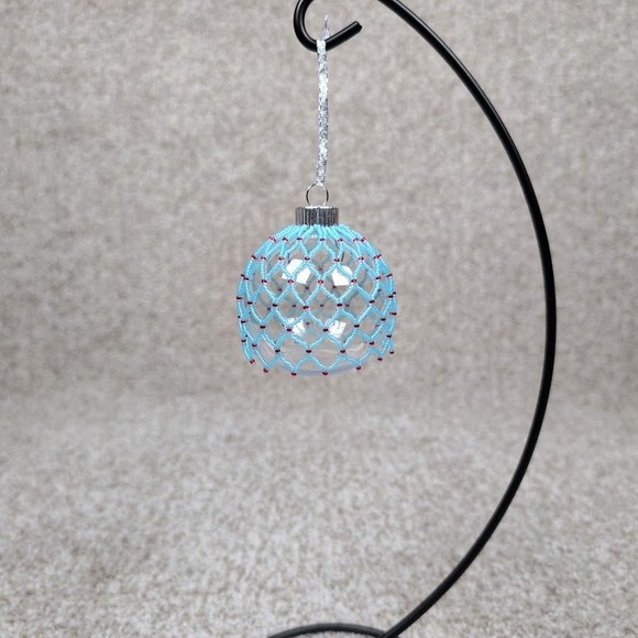 Handmade Beaded Christmas Ornament Blue Red Clear Plastic Ball Holiday Decor - Picture 2 of 4